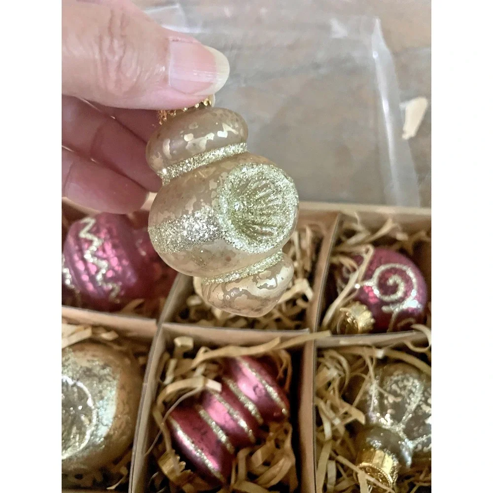 Vtg Set of 9 Ashland‎ Glass Glitter Frosted Pink Gold Christmas Ornaments NIB